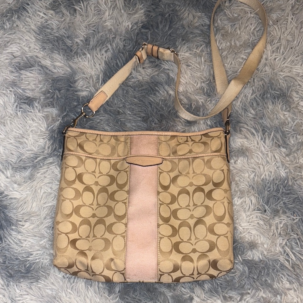 Coach Tan and Pink Crossbody Bag with Signature Monogram